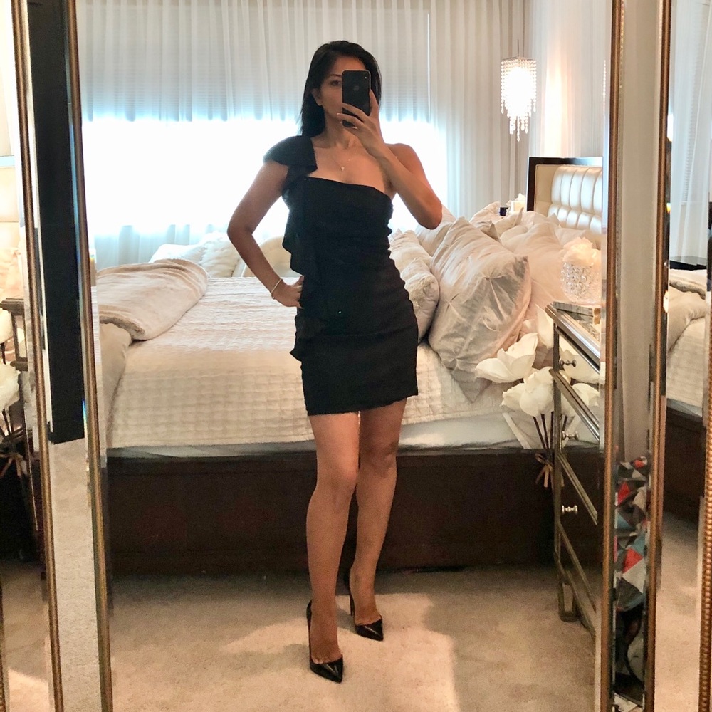 Ruffle one shoulder black cocktail dress